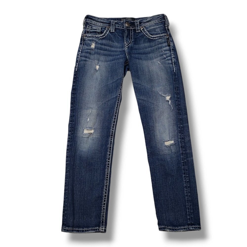 Silver Aiko Mid Straight‎ Jeans Womens 25 Distressed Medium Wash Embroidered